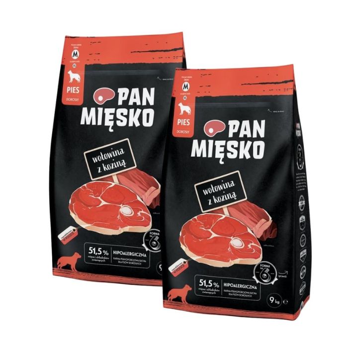 PAN MIĘSKO Wołowina z koziną dla psów chrupki M 2x9 kg