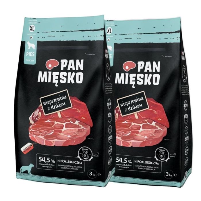 PAN MIĘSKO Wieprzowina z dzikiem dla psów chrupki XL 2x3 kg
