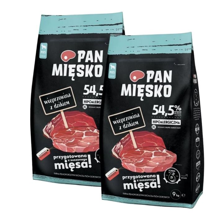 PAN MIĘSKO Wieprzowina z dzikiem dla psów chrupki XL 2x9 kg