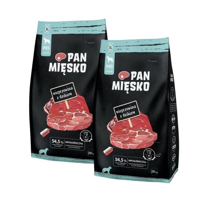 PAN MIĘSKO Wieprzowina z dzikiem dla psów chrupki XL 2x20 kg