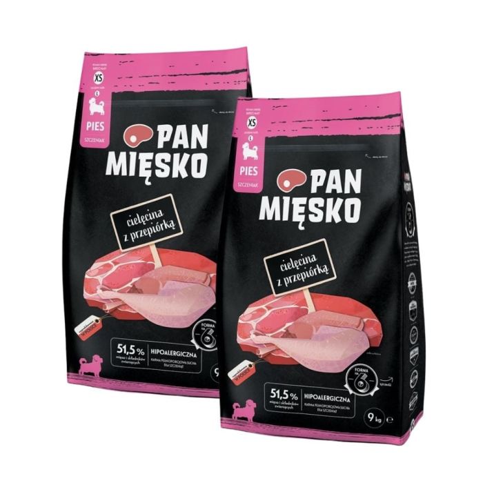 PAN MIĘSKO Cielęcina z przepiórką dla szczeniąt chrupki XS 2x9 kg