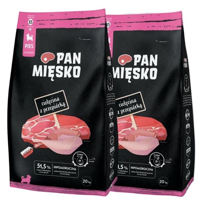 PAN MIĘSKO Cielęcina z przepiórką dla szczeniąt chrupki XS 2x20 kg