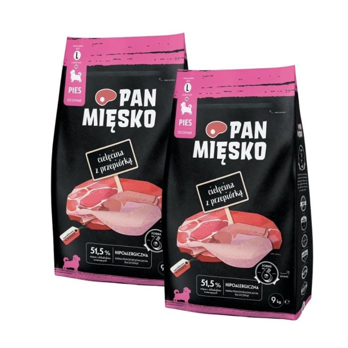 PAN MIĘSKO Cielęcina z przepiórką dla szczeniąt chrupki L 2x9 kg