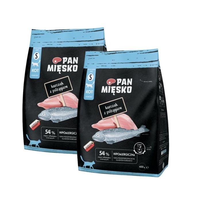 PAN MIĘSKO Kurczak z pstrągiem dla kotów chrupki S 2x400 g