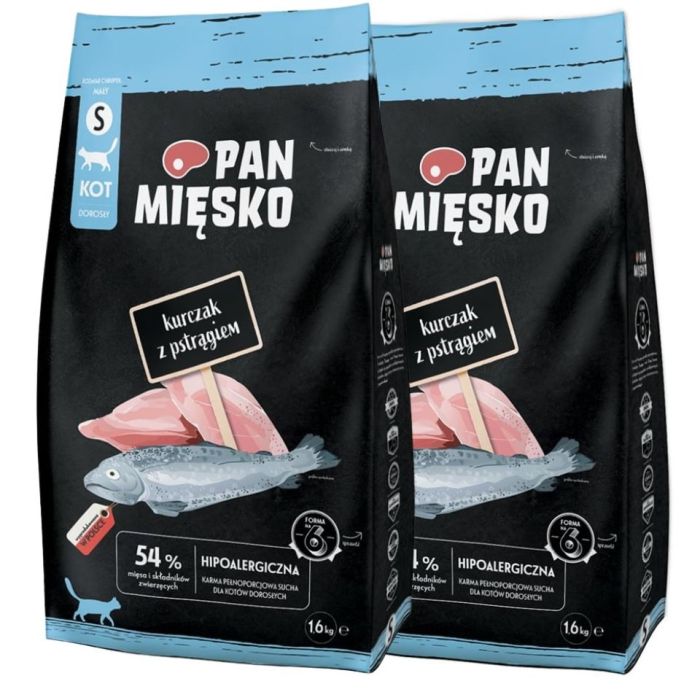 PAN MIĘSKO Kurczak z pstrągiem dla kotów chrupki S 2x1,6 kg