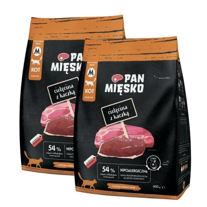 PAN MIĘSKO Cielęcina z kaczką dla kotów chrupki M 2x400 g