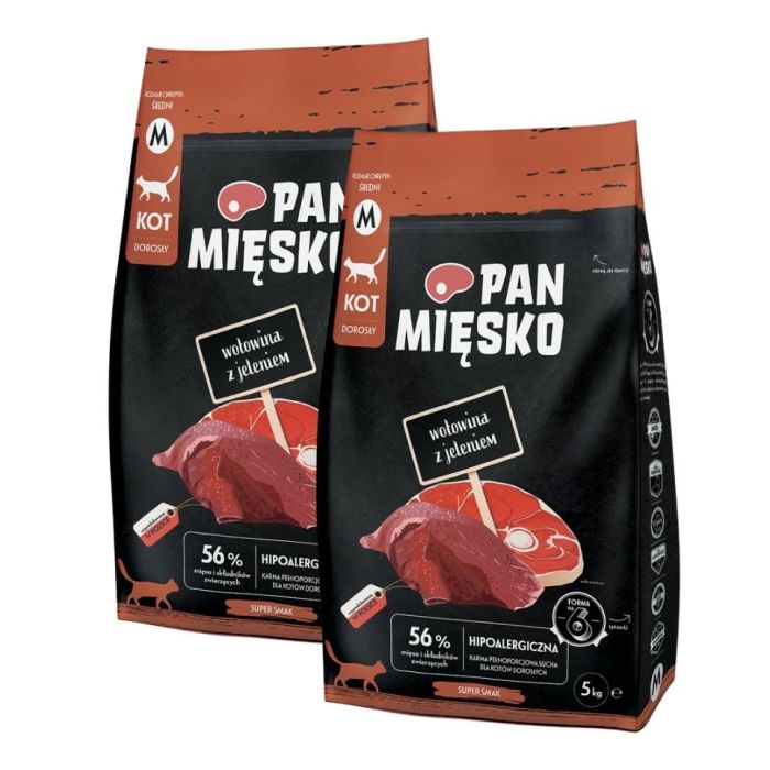 PAN MIĘSKO Wołowina z jeleniem dla kotów chrupki M 2x5 kg