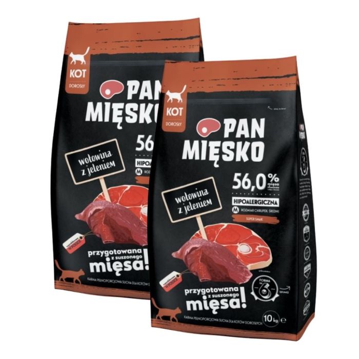 PAN MIĘSKO Wołowina z jeleniem dla kota chrupki M 2x10 kg