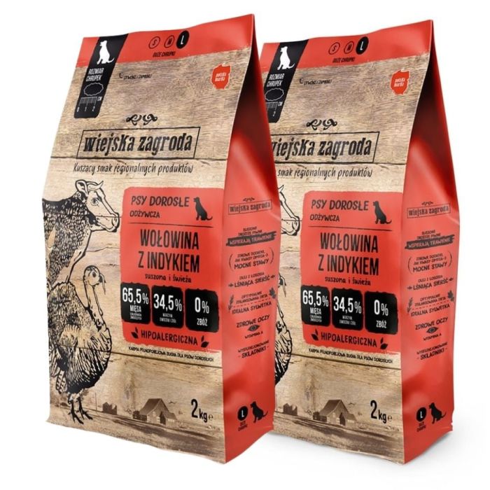 WIEJSKA ZAGRODA Wołowina z indykiem karma dla psów chrupki L 2x2 kg