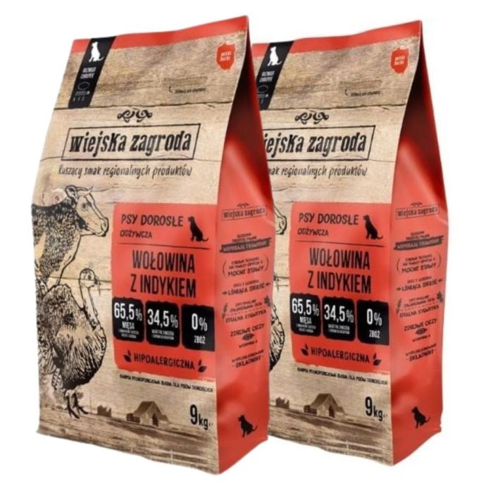 WIEJSKA ZAGRODA Wołowina z indykiem chrupki L 2x9 kg