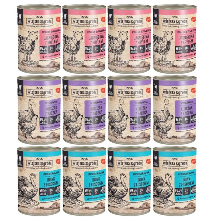 WIEJSKA ZAGRODA Mix smaków Jagnięcina z krylem, Kurczak z kaczką i Indyk z łososiem 12x400g dla kota