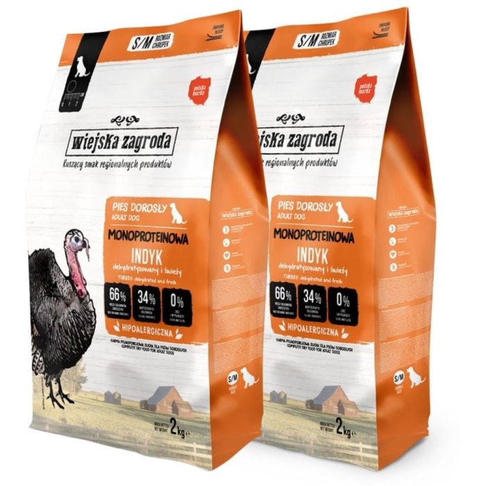 WIEJSKA ZAGRODA Monobiałkowa Indyk dla psów chrupki S/M 2x2 kg