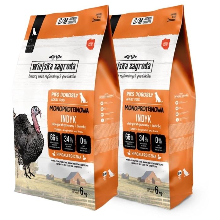 WIEJSKA ZAGRODA Monobiałkowa Indyk dla psów chrupki S/M 2x6 kg