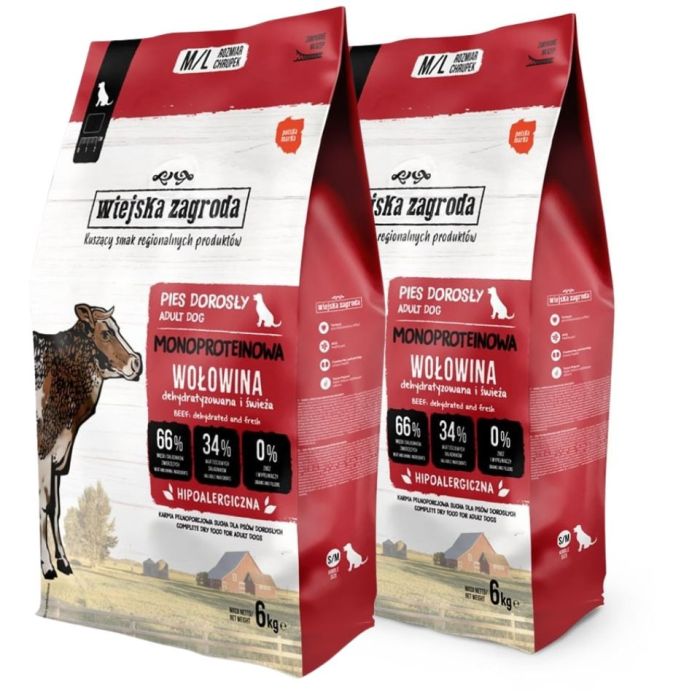 WIEJSKA ZAGRODA Monobiałkowa Wołowina dla psów chrupki M/L 2x6 kg