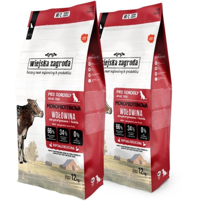 WIEJSKA ZAGRODA Monobiałkowa Wołowina dla psów chrupki M/L 2x12 kg