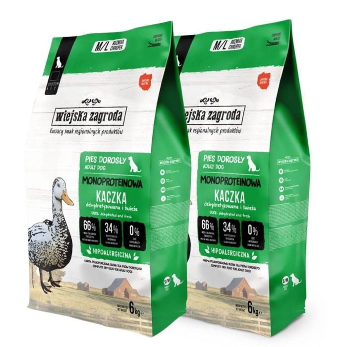 WIEJSKA ZAGRODA Monobiałkowa Kaczka dla psów chrupki M/L 2x6 kg