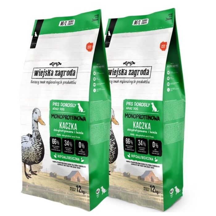 WIEJSKA ZAGRODA Monobiałkowa Kaczka dla psów chrupki M/L 2x12 kg