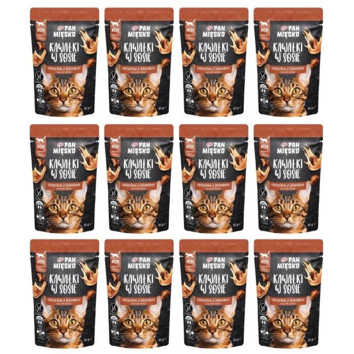 PAN MIĘSKO Kawałki w sosie Cielęcina z jeleniem mokra karma dla kotów 12x85 g