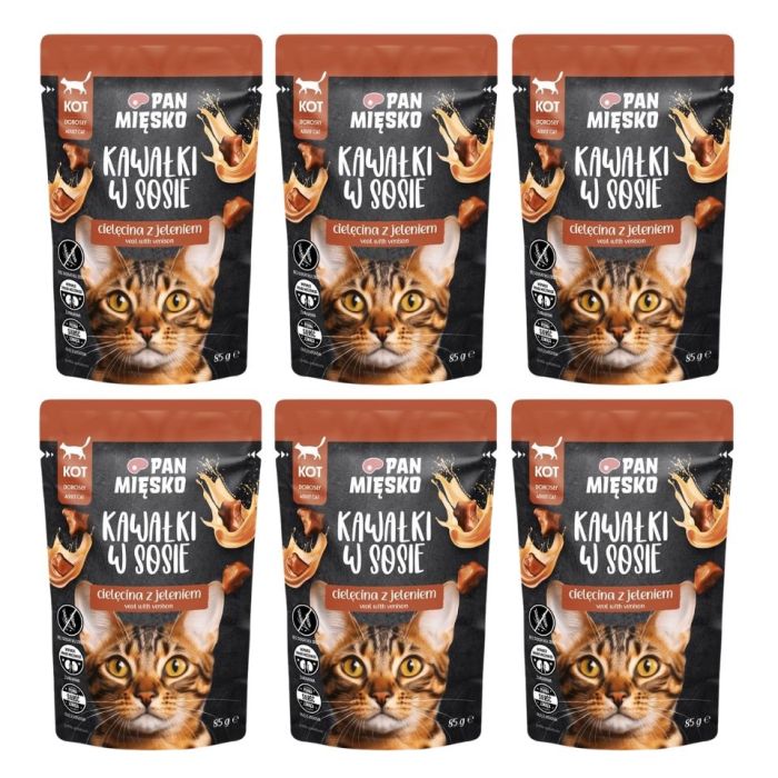 PAN MIĘSKO Kawałki w sosie Cielęcina z jeleniem mokra karma dla kotów 6x85 g