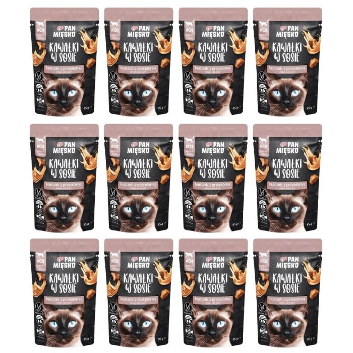 PAN MIĘSKO Kawałki w sosie Kurczak z przepiórką mokra karma dla kotów 12x85 g
