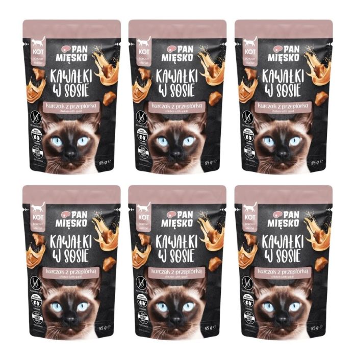 PAN MIĘSKO Kawałki w sosie Kurczak z przepiórką mokra karma dla kotów 6x85 g