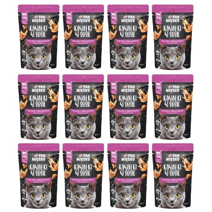 PAN MIĘSKO Kawałki w sosie Kurczak z krewetkami mokra karma dla kotów 12x85 g