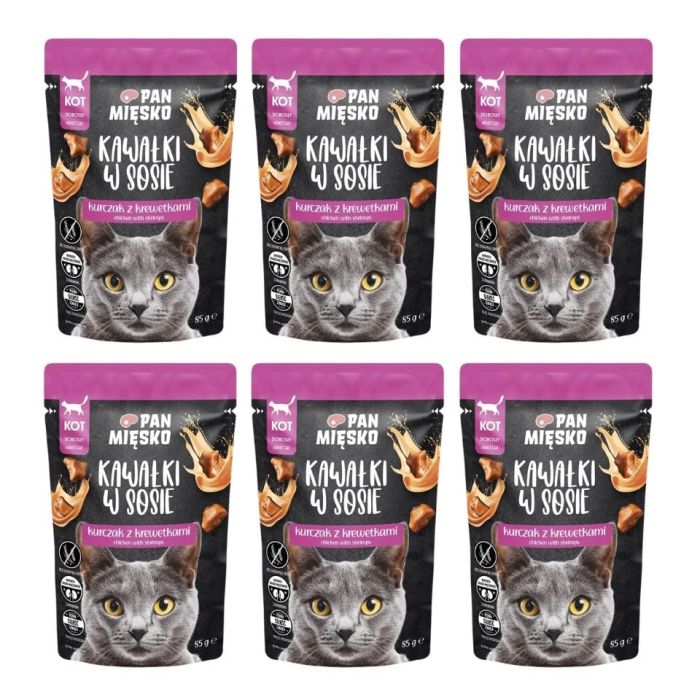 PAN MIĘSKO Kawałki w sosie Kurczak z krewetkami mokra karma dla kotów 6x85 g