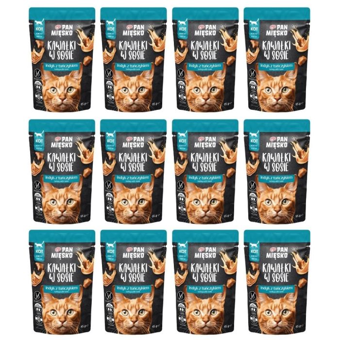 PAN MIĘSKO Kawałki w sosie Indyk z tuńczykiem mokra karma dla kotów 12x85 g