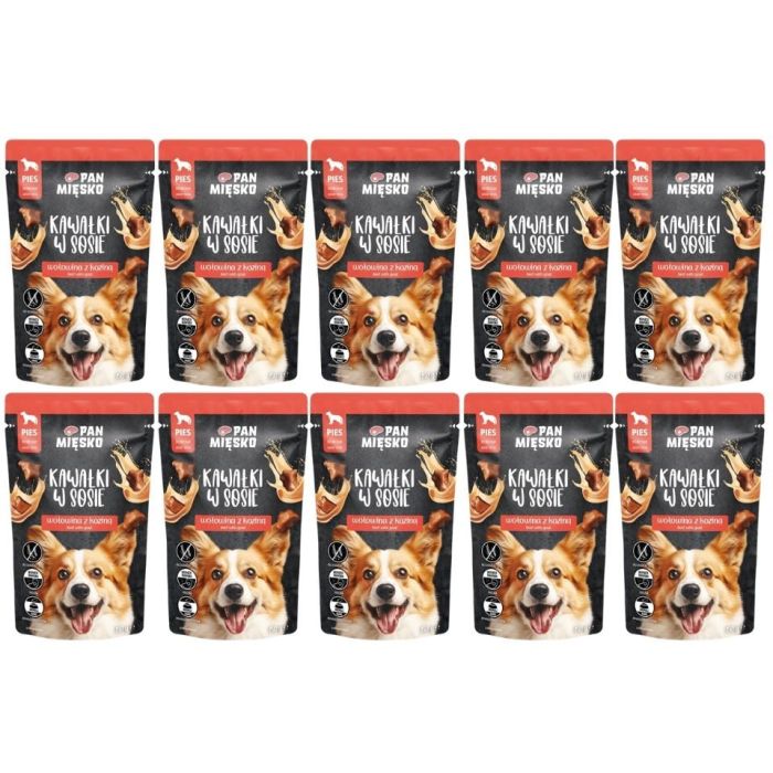 PAN MIĘSKO Kawałki w sosie Wołowina z koziną mokra karma dla psów 10x150 g