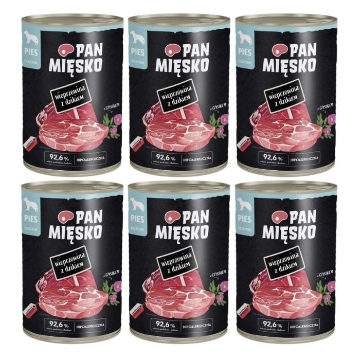 PAN MIĘSKO Wieprzowina z dzikiem mokra karma dla psów 6x400 g