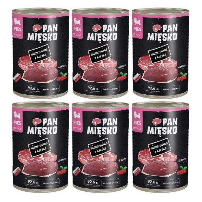 PAN MIĘSKO Wieprzowina z kaczką mokra karma dla szczeniąt 6x400 g