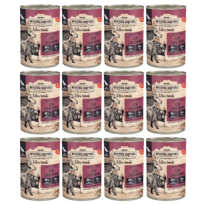 WIEJSKA ZAGRODA Leśne smaki Dzik z wołowiną 12x400 g mokra karma dla psów dorosłych