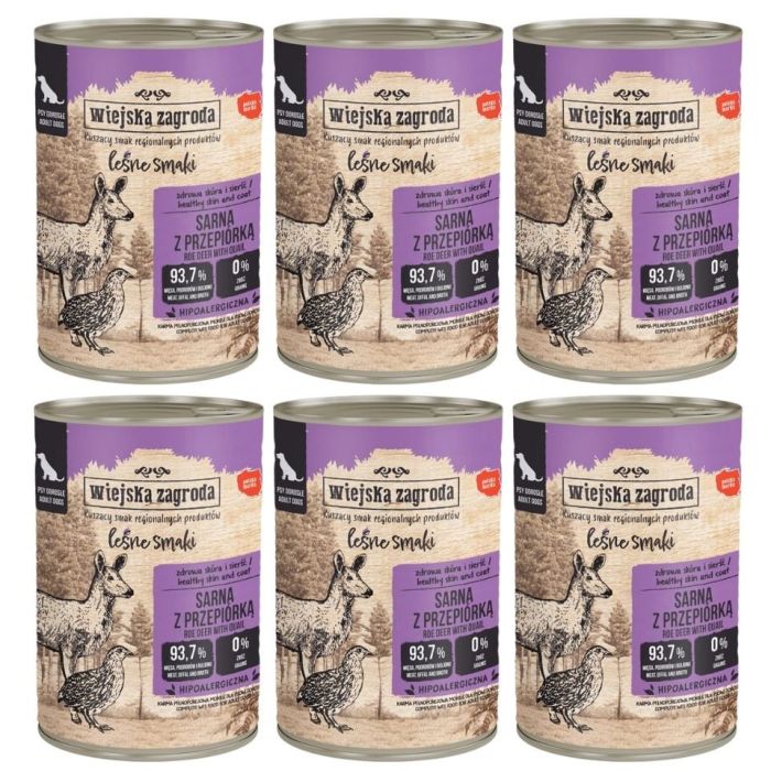 WIEJSKA ZAGRODA Leśne smaki Sarna z przepiórką mokra karma dla psów 6x400 g