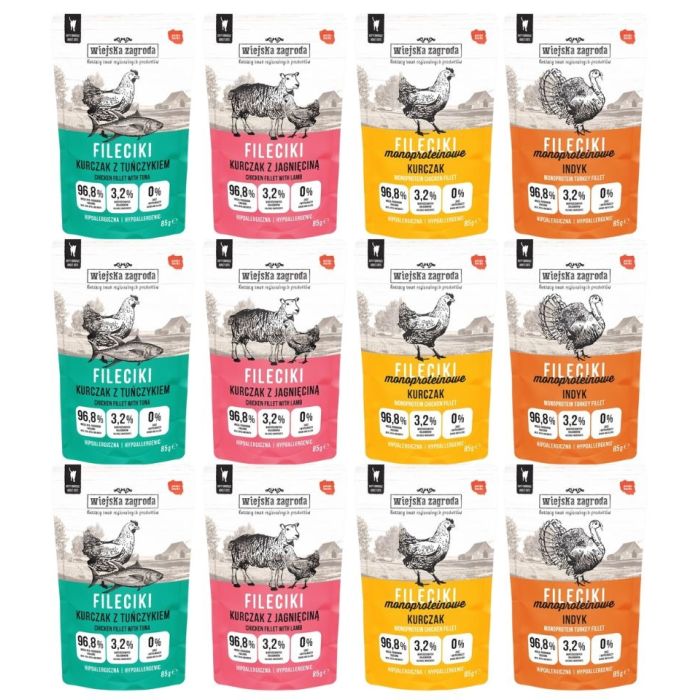 WIEJSKA ZAGRODA Fileciki Mix smaków Kurczak z tuńczykiem, Kurczak z jagnięciną, Indyk i Kurczak 12x85 g mokra karma dla kota