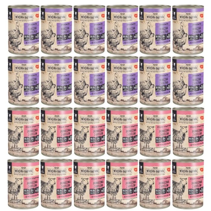 WIEJSKA ZAGRODA Mix smaków Jagnięcina z krylem i  Kurczak z kaczką 24x400g dla kota