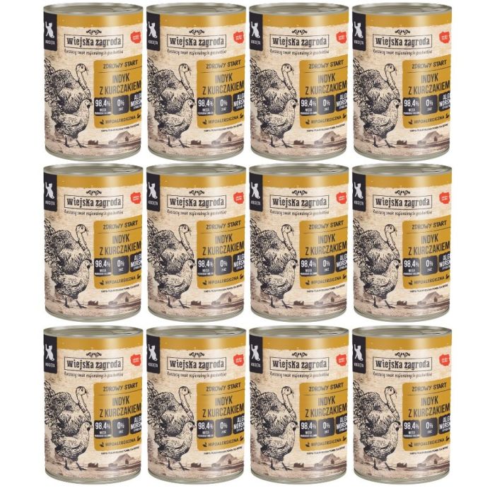 WIEJSKA ZAGRODA Indyk z kurczakiem 12x400g puszka dla kociąt
