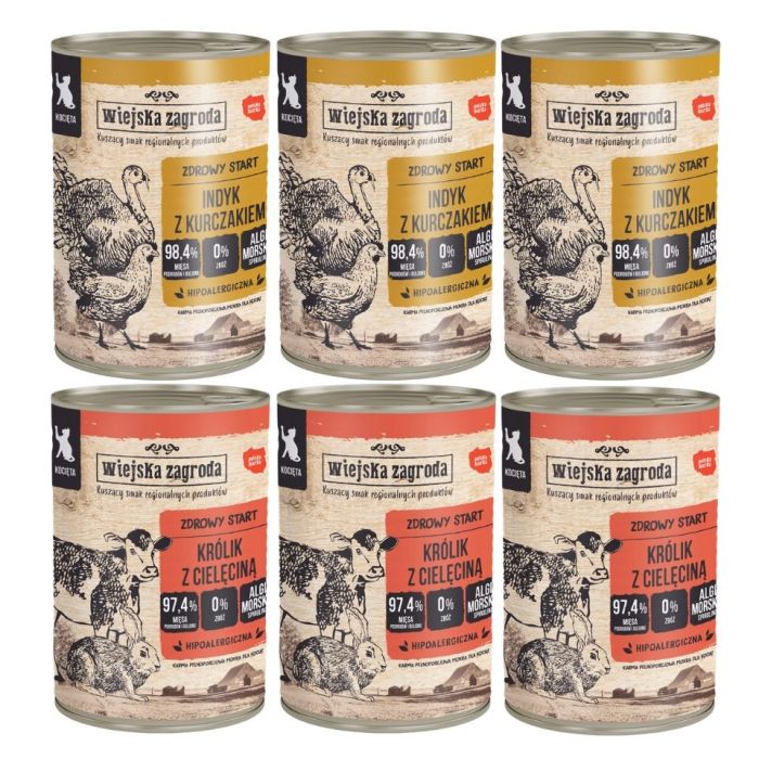WIEJSKA ZAGRODA Mix smaków dla kociąt Królik z cielęciną i Indyk z kurczakiem 6x400 g