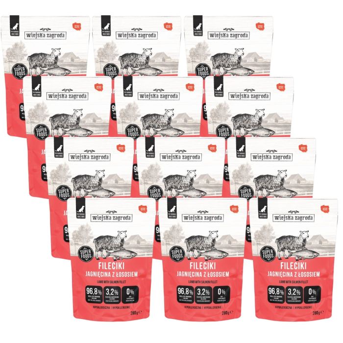 WIEJSKA ZAGRODA Monoproteinowa Fileciki Jagnięcina z łososiem 12x280 g mokra karma dla psa