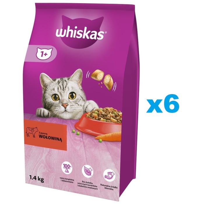 WHISKAS Adult 6x1,4 kg sucha karma pełnoporcjowa dla dorosłych kotów z pyszną wołowiną