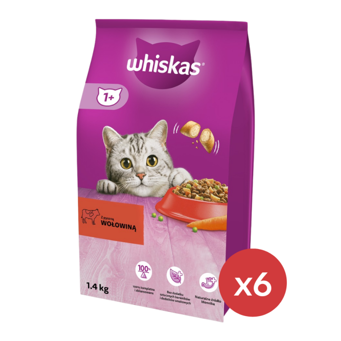 WHISKAS Adult 6 x 1,4 kg sucha karma pełnoporcjowa dla dorosłych kotów z pyszną wołowiną