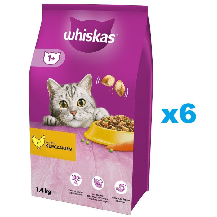 WHISKAS Adult 6x1,4 kg sucha karma pełnoporcjowa dla dorosłych kotów z pysznym kurczakiem