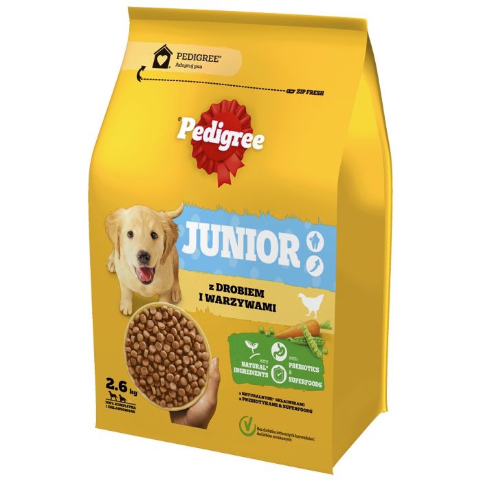 PEDIGREE Junior 3x2,6 kg z drobiem i warzywami sucha karma pełnoporcjowa dla dorastających psów dużych i średnich ras