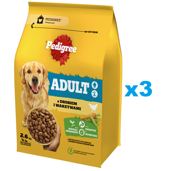 PEDIGREE Adult 3x2,6 kg z drobiem i warzywami sucha karma pełnoporcjowa dla psów dużych i średnich ras