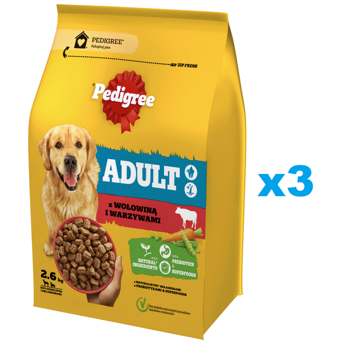 PEDIGREE Adult 3x2.6 kg z wołowiną i warzywami sucha karma pełnoporcjowa dla dorosłych psów dużych i średnich ras