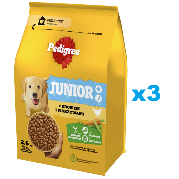 PEDIGREE Junior 3x2,6 kg z drobiem i warzywami sucha karma pełnoporcjowa dla dorastających psów dużych i średnich ras