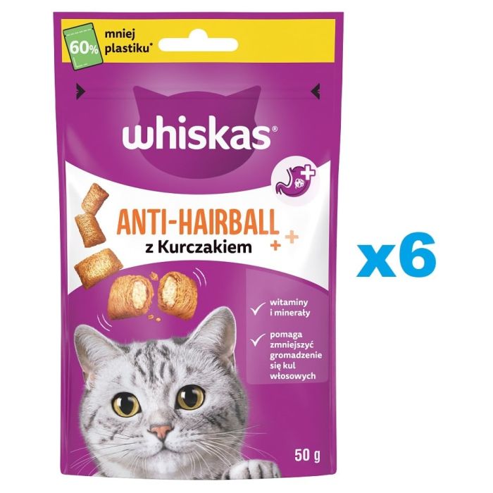 WHISKAS Anti-Hairball 6x50 g przysmaki odkłaczające dla dorosłych kotów