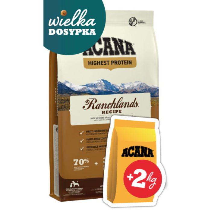 ACANA Highest Protein Ranchlands Dog 11,4 kg + 2kg GRATIS! sucha karma dla psa