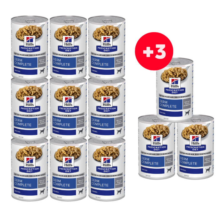 HILL'S Prescription Diet Canine Derm Complete karma dla psów 9x370g + 3 puszki GRATIS!