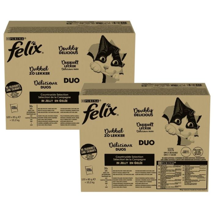 FELIX Fantastic DUO Mix Wiejskie Smaki w galaretce 240x85g wołowina i drób, indyk i wątróbka, kurczak i cynaderek, kaczka i jagnięcina, mokra karma dla kotów
