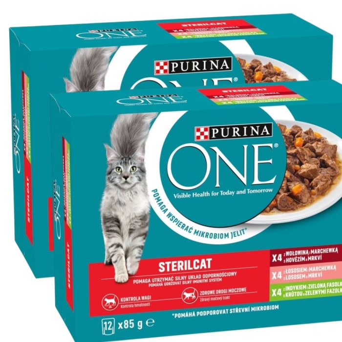 PURINA ONE Sterilcat 24x85g z wołowiną i marchewką, z łososiem i marchewką, z indykiem i zieloną fasolką, mokra karma dla kotów po sterylizacji